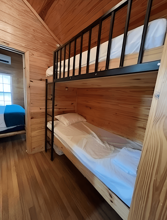 Cozy cabin interior with bunk beds