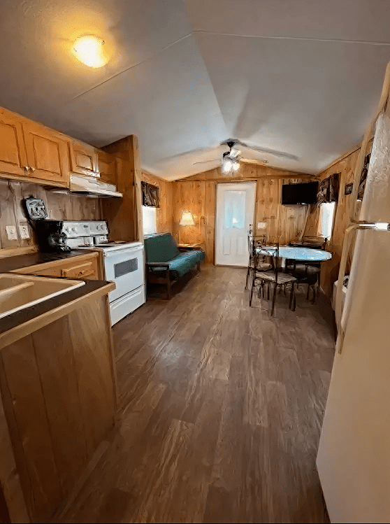 Cozy cabin interior with appliances