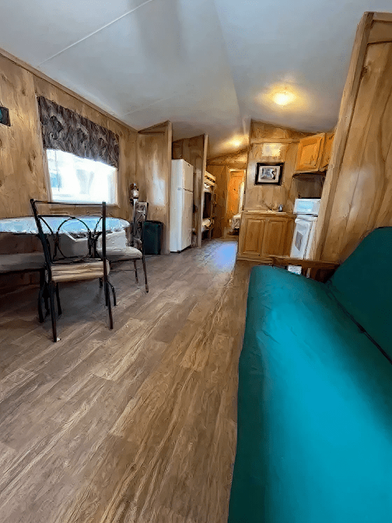 Cozy wooden interior with dining area