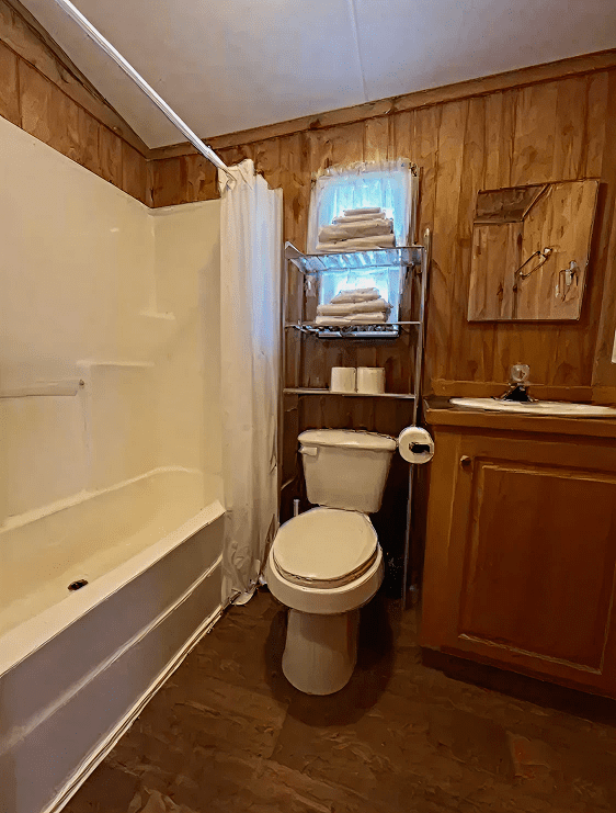 Cozy bathroom with wooden walls and tub