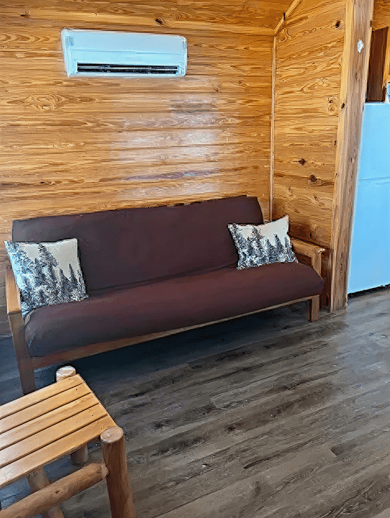 Wooden cabin with sofa and pillows