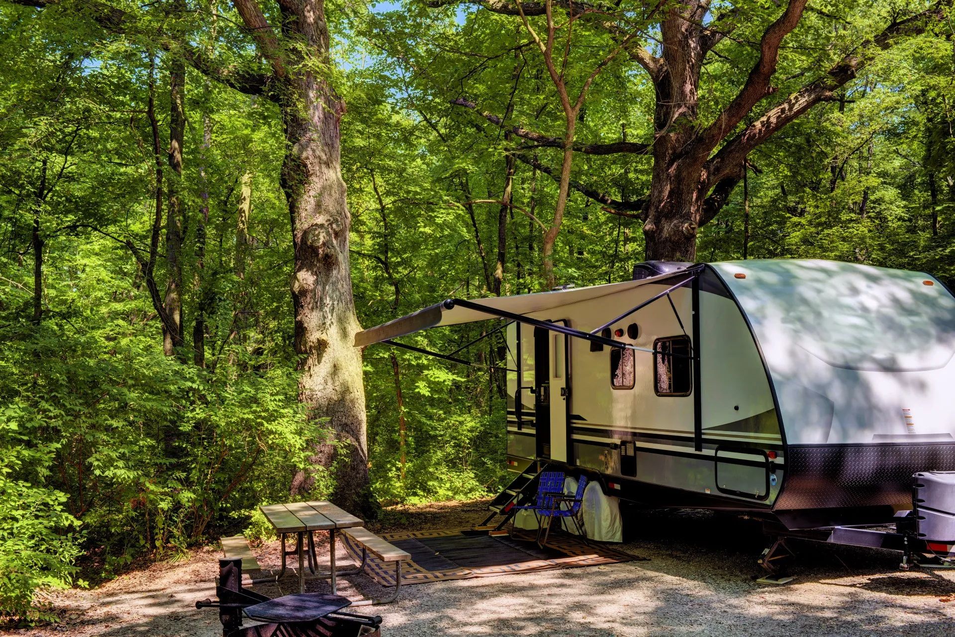 Camper trailer in lush forest setting