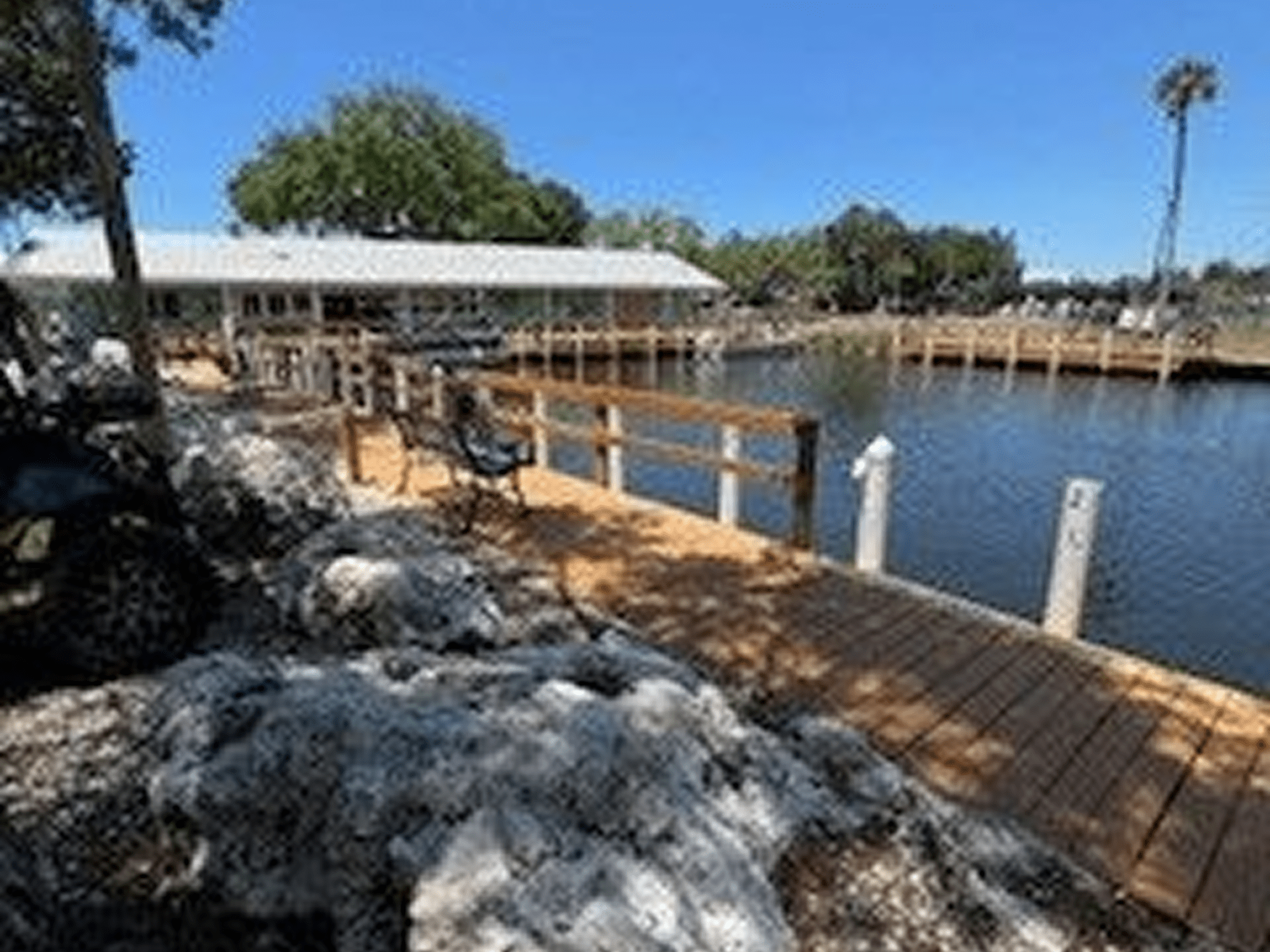 Lakeside dock with wooden walkway